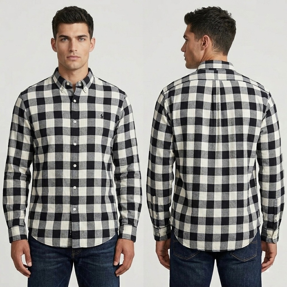Ralph Lauren Mens XL Classic Fit Buffalo Check Button Down Shirt Black Twill‎